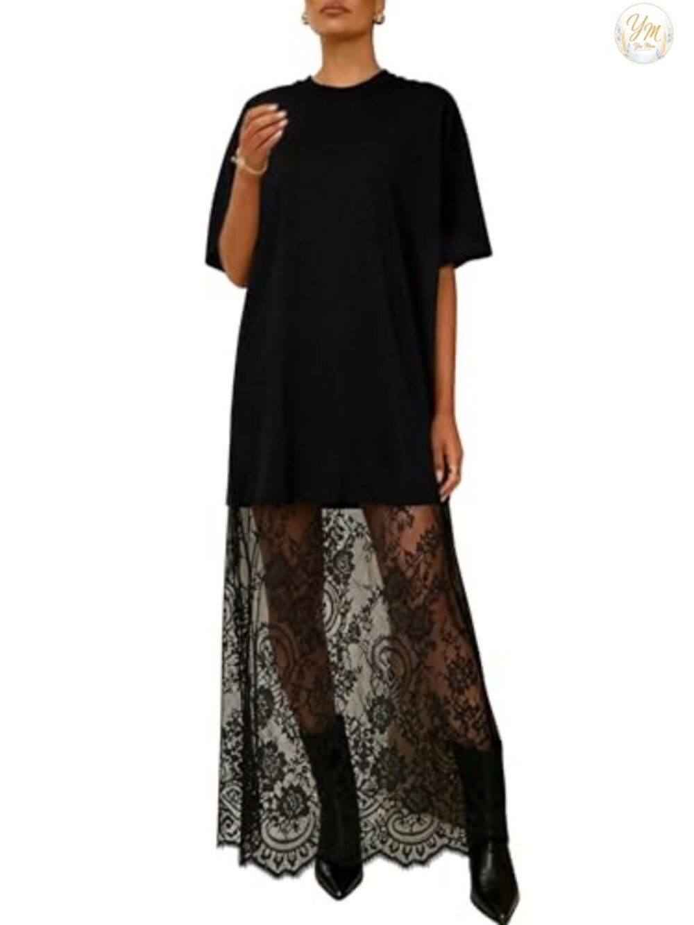 Womens Summer Short Sleeve Crewneck Lace Patchwork Maxi Dress